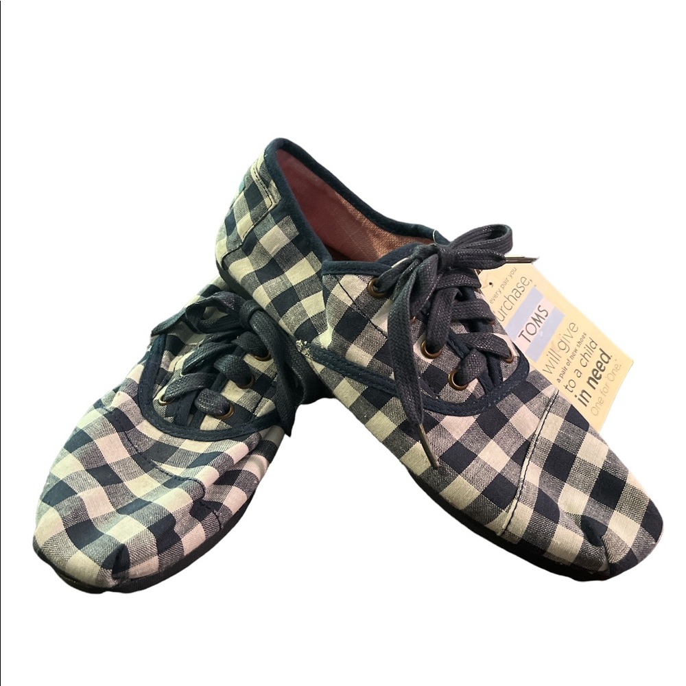 TOMS Cordones Canvas Shoes Navy & White Check Size 9.5 NWT